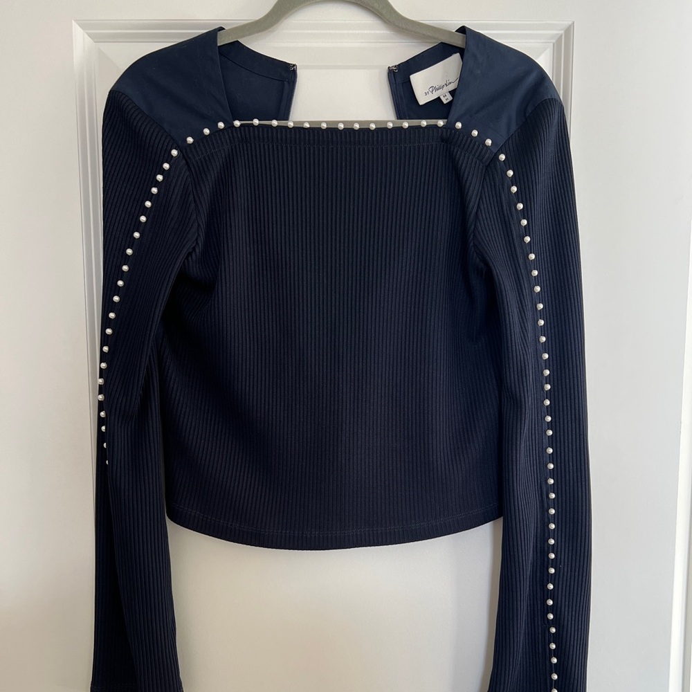 3.1 Phillip Lim Navy Long Sleeve Top with Pearl Accents